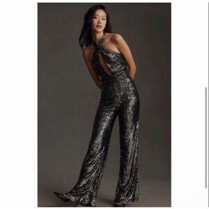 NWT Anthropologie Sequin Jumpsuit 16 Black Silver Sequin Halter Wide Leg Maeve